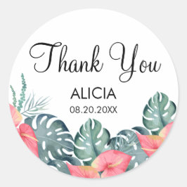 Adesivo Redondo Flora Tropical Rosa Anthurium e Monstera Obrigado