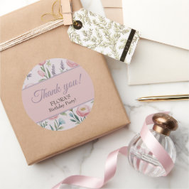 Adesivo Redondo Florais em Pastel Suave de Agradecimento de Aniver