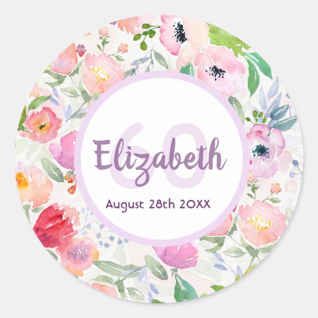 Adesivo Redondo Florais roxos, cor-de-rosa, 60 anos (Frente)