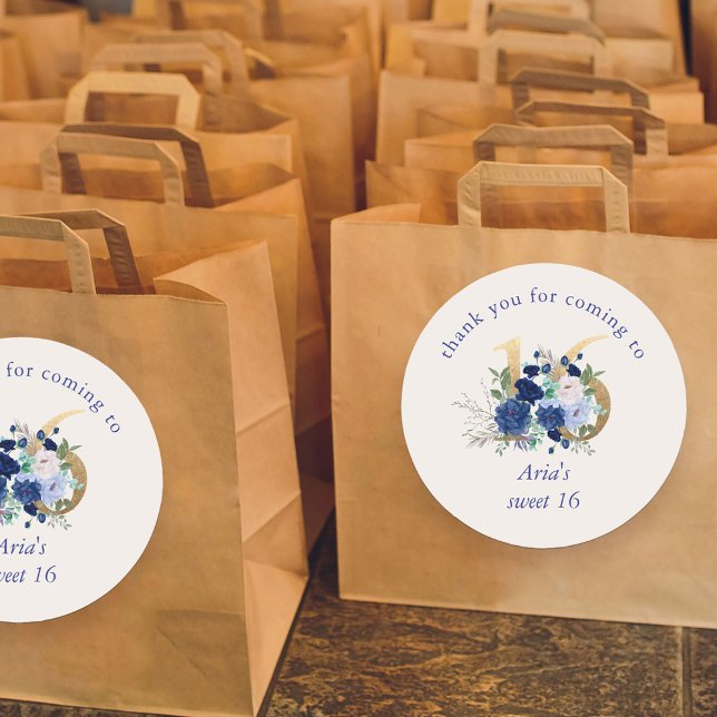 Adesivo Redondo Floral 16 Ivory Royal Blue Sweet 16 (Sweet 16 favor stickers  with royal blue and ivory roses from my Royal Rose collection)