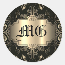 Adesivo Redondo Floral Abstrato Monogramado Preto e Dourado  
