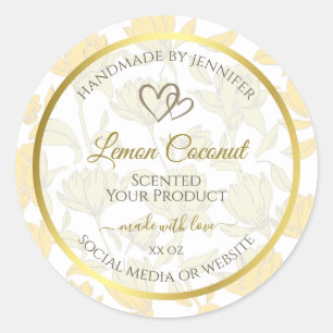 Adesivo Redondo Floral Amarelo Pastel com rótulo de produto de qu
