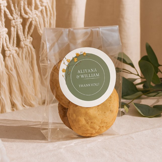 Adesivo Redondo Floral Amarelo Vintage Elegante Verde Rústico (Criador carregado)