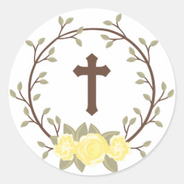 Adesivo Redondo Floral Amarelo Wreath Cross Baptism Christening