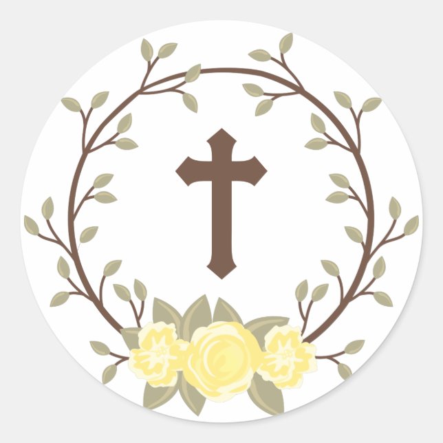 Adesivo Redondo Floral Amarelo Wreath Cross Baptism Christening (Frente)