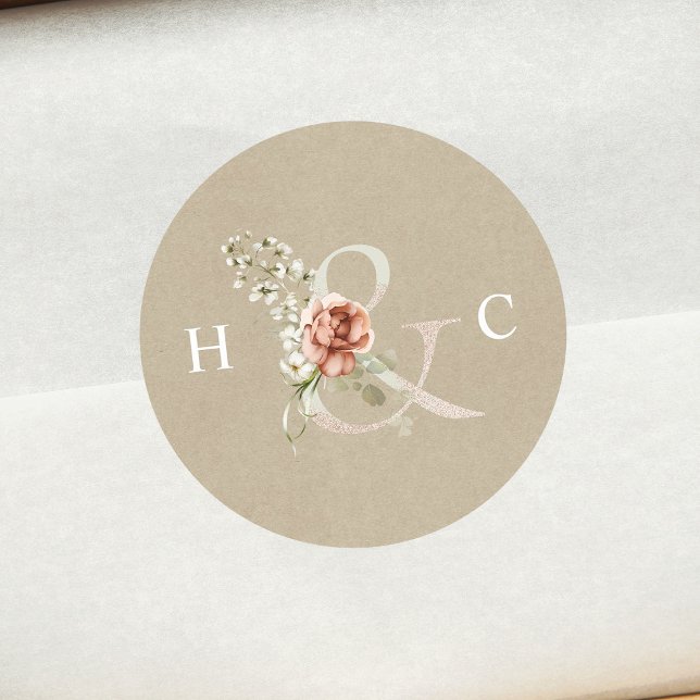 Adesivo Redondo Floral Ampersand Elegant Wedding Monograma Kraft (Criador carregado)