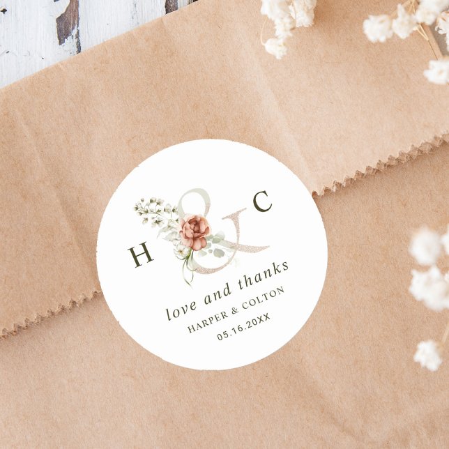 Adesivo Redondo Floral Ampersand Elegant Wedding Obrigado (Criador carregado)