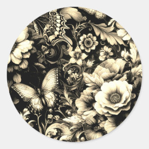 Adesivo Redondo Floral Antiquado ouro com Borboletas