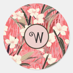 Adesivo Redondo Floral Asiático Rosa Bege Branco Chinoiserie Monog
