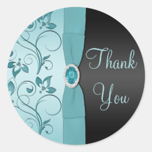 Adesivo Redondo Floral Azul e Preto Obrigado Sticker