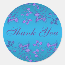 Adesivo Redondo Floral Azul e Roxo De 1,5", Muito Obrigado
