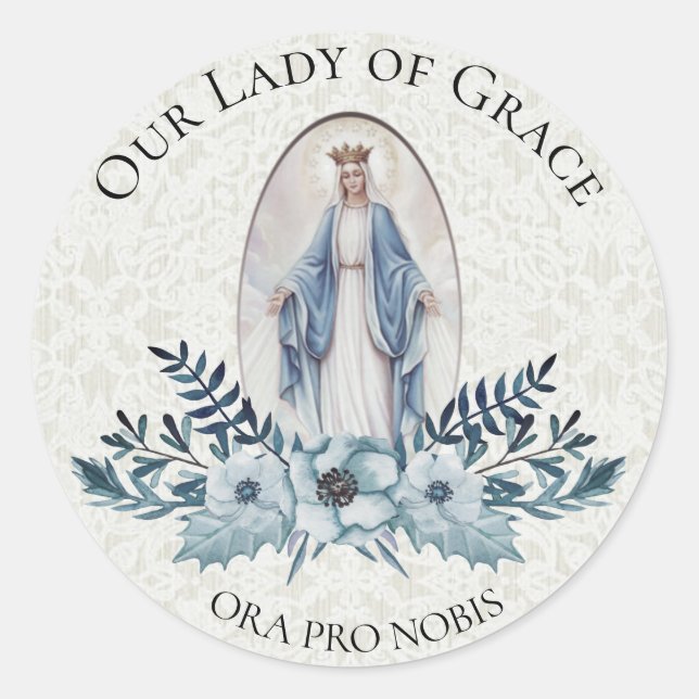 Adesivo Redondo Floral Azul |Escritura | Virgem Maria | rendas (Frente)