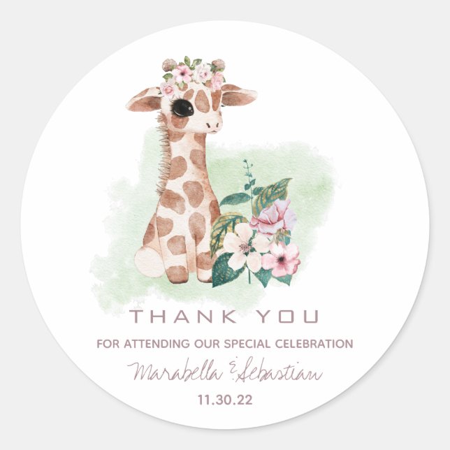 Adesivo Redondo *~* Floral Baby Giraffe OBRIGADO A VOCÊ (Frente)