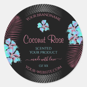 Adesivo Redondo Floral Black Product Labels Teal e Pink Flowers