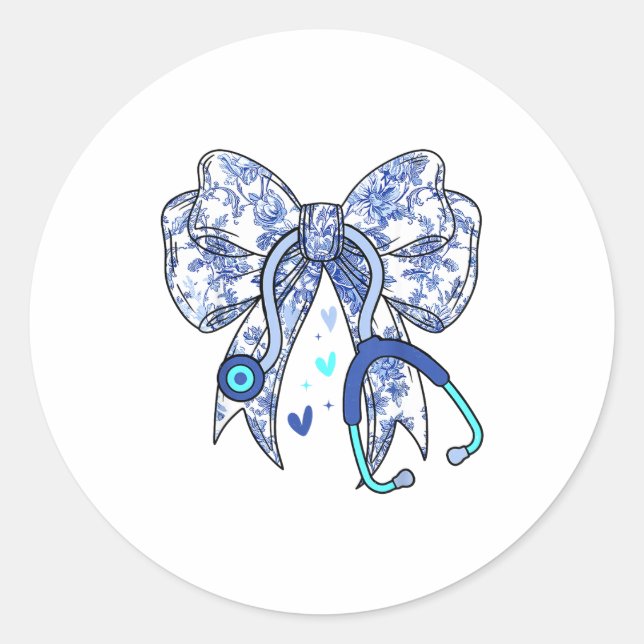 Adesivo Redondo Floral Blue Coquette Bow Nurse Stethoscope Medical (Frente)