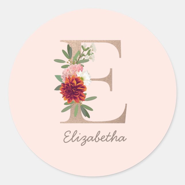 Adesivo Redondo Floral blush buquê - letra personalizada " E" (Frente)