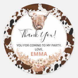 Adesivo Redondo Floral Boho Highland Cow Birthday Favor Sticker