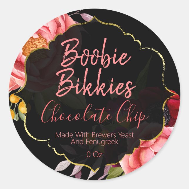 Adesivo Redondo Floral Boobie Bikkies Rótulos de Lactação (Frente)