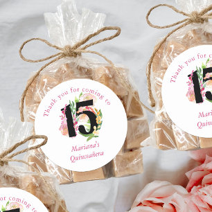 Adesivo Redondo Floral Chic Número 15 Rosa e Dourado Quinceanera
