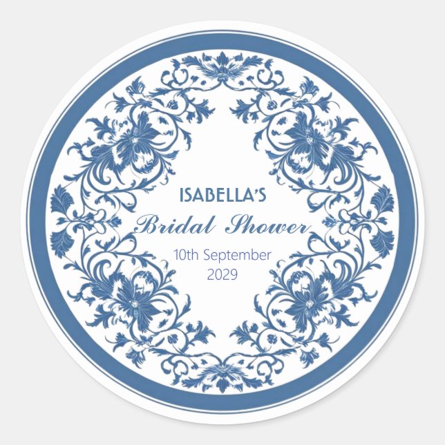 Adesivo Redondo Floral Chinoiserie Victoriana Azul Elegante (Frente)