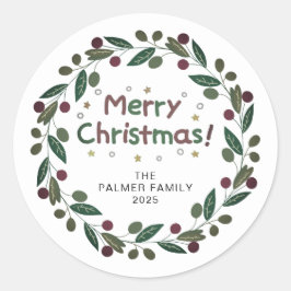 Adesivo Redondo Floral Christmas Wreath Family Name Classic