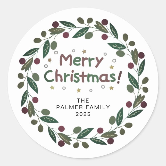 Adesivo Redondo Floral Christmas Wreath Family Name Classic (Frente)