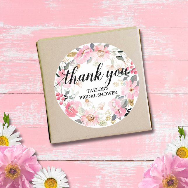Adesivo Redondo Floral Cor-De-Rosa, Obrigado (Watercolor pink flowers bridal shower thank you round 3" stickers (small size available))