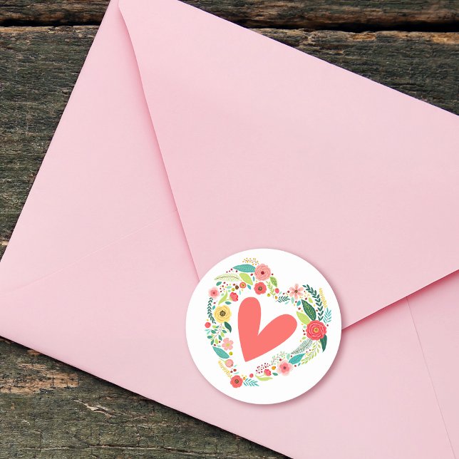 Adesivo Redondo Floral Coração Clássica (Classic Floral Heart Wreath Classic Round Sticker)