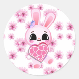 Adesivo Redondo Floral cute pink rabbit easter