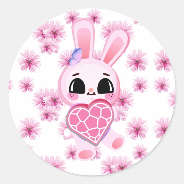Adesivo Redondo Floral cute pink rabbit easter (Frente)