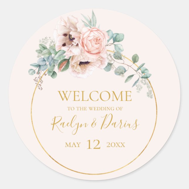 Adesivo Redondo Floral de Blush Elegante | Pastel Wedding Welcome (Frente)