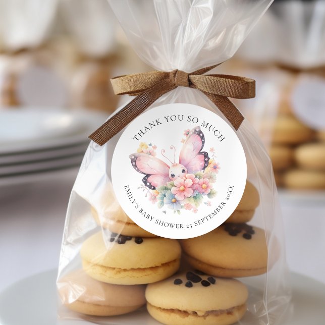 Adesivo Redondo Floral De Borboleta Gelada Obrigado Chá de fraldas (Criador carregado)