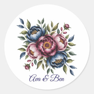 Adesivo Redondo Floral de Casamento Burgundy Navy e Blush Peony