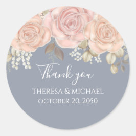 Adesivo Redondo Floral De Casamento Obrigado Rosa Dourado Azul