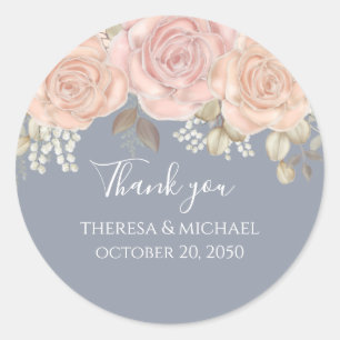 Adesivo Redondo Floral De Casamento Obrigado Rosa Dourado Azul
