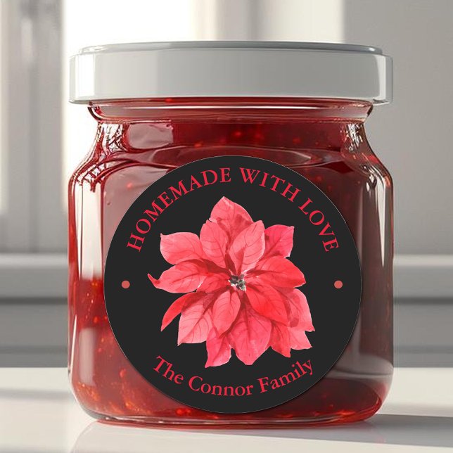 Adesivo Redondo Floral de Natal Feito à Mão Com Amor (Homemade With Love Christmas Poinsettia 3" Round Black Stickers)