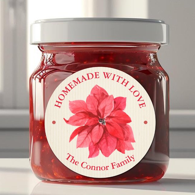 Adesivo Redondo Floral de Natal Feito em Casa Com Amor (Homemade With Love Christmas Floral Poinsettia 3" Round Stickers)