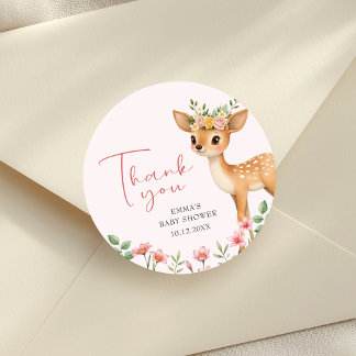 Adesivo Redondo Floral Deer Baby Girl Chá Obrigado