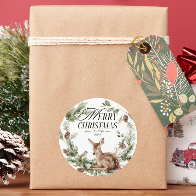Adesivo Redondo Floral Deer Elegante Moderno Feliz Natal (Feriado)