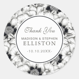 Adesivo Redondo Floral Desenho da Mão Preta e Branca   Obrigado