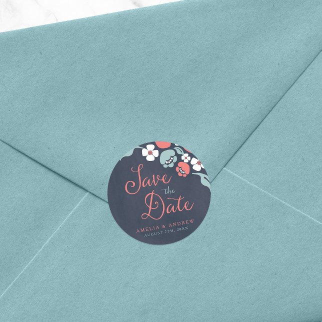 Adesivo Redondo Floral do Quadro Azul Salve a Data (Criador carregado)