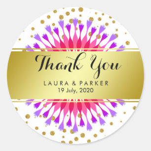 Adesivo Redondo Floral Dourada Faux Foil Glitter Obrigado Casament