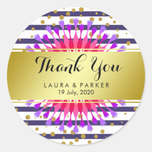 Adesivo Redondo Floral Dourada Faux Foil Glitter Obrigado Casament