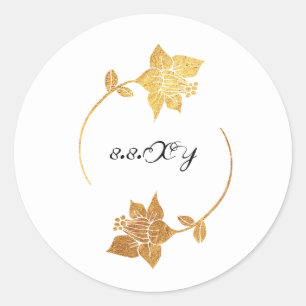 Adesivo Redondo Floral Dourado Lux Branco Preto Salvar a Data