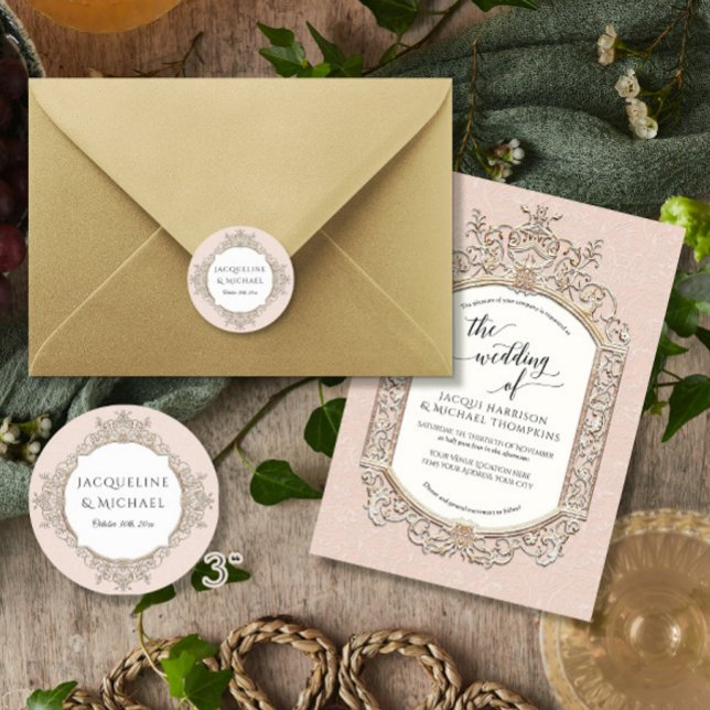 Adesivo Redondo Floral Elegante Blush Rosa e Dourado Casamento (Criador carregado)