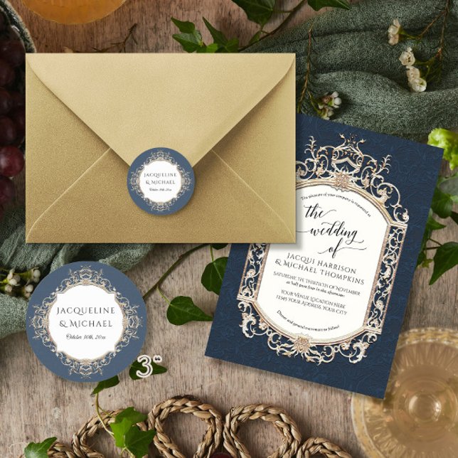 Adesivo Redondo Floral Elegante Marinho Azul e Casamento Dourado (Criador carregado)