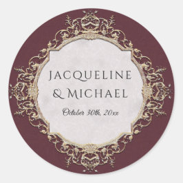 Adesivo Redondo Floral Elegante Vintage Burgundy em Casamento Dour