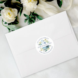 Adesivo Redondo Floral em Aquarela Azul Desbotado para Endereço de