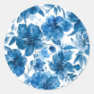 Adesivo Redondo Floral em Aquarela Azul Elegante