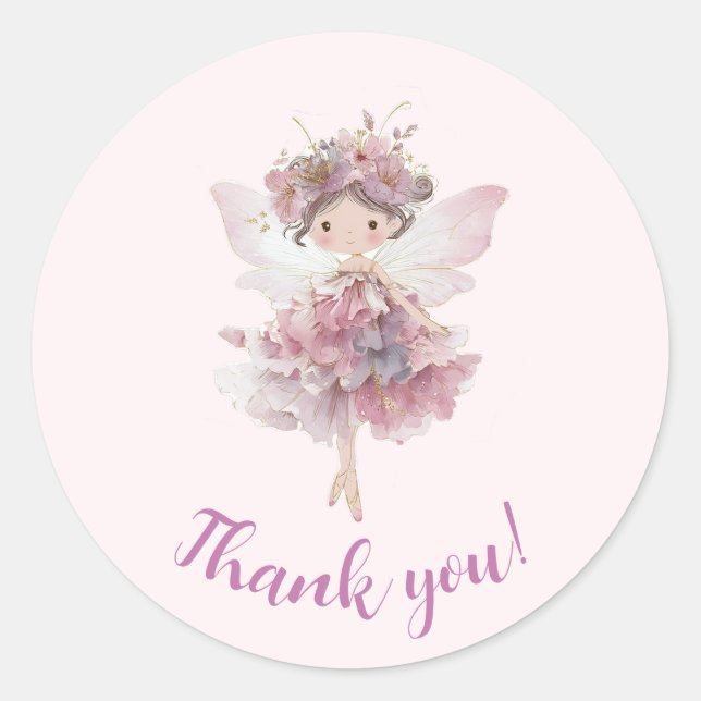 Adesivo Redondo Floral Fairy First Party Thank You Sticker (Frente)